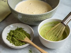 Ingredients for matcha ice cream including matcha powder, milk, sugar, and cream.