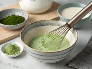 Creamy homemade matcha ice cream served in a bowl with a sprinkle of matcha powder on top