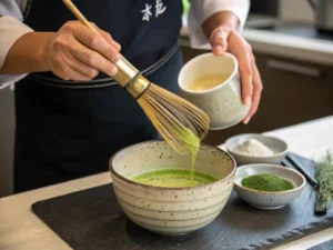 Refreshing strawberry matcha drink served over ice in a clear glass.