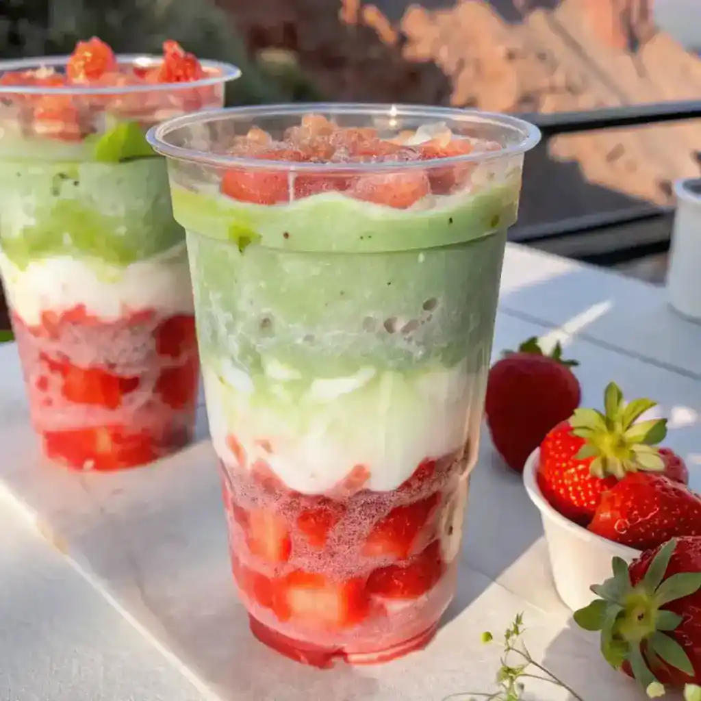 Iced strawberry matcha drink garnished with mint leaves on a summer day.