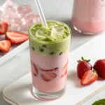 Healthy homemade matcha beverage with natural strawberry flavor.