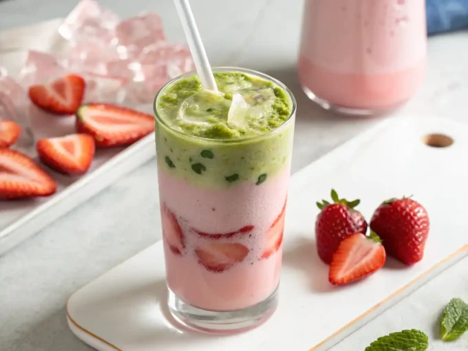 Healthy homemade matcha beverage with natural strawberry flavor.