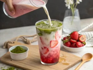 A vibrant glass of strawberry matcha latte with layers of green matcha and red strawberry syrup.