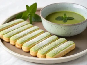 Quickly dipping ladyfingers into matcha soak and arranging a single layer in a serving dish.