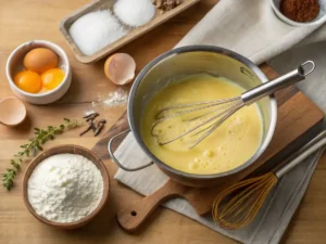 Whisking egg yolks and sugar over simmering water in a double boiler, then mixing in mascarpone until smooth and creamy.