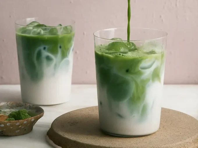 A glass of iced matcha latte with creamy green layers and ice cubes, served with a metal straw on a marble countertop