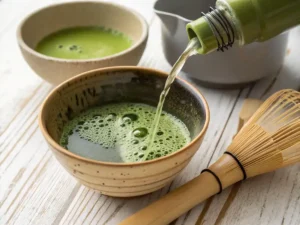 Iced matcha latte in a tall glass, garnished with a sprinkle of matcha powder