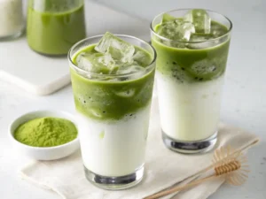 Top-down view of a refreshing iced matcha latte in a clear glass