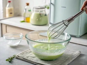 Hand stirring an iced matcha latte in a transparent cup, blending vibrant green matcha with cold milk over ice.