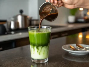 matcha coffee recipe combining earthy matcha with bold coffee flavors. Ready in 5 minutes with health benefits, customization options, and expert tips.