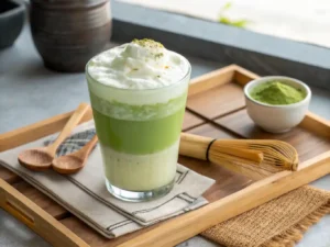 Pouring warmed coconut milk into a glass of matcha latte while whisking for a creamy, frothy finish.