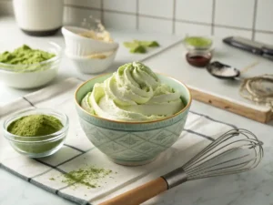 Whipping cream, matcha powder, and vanilla in a chilled bowl, then gently folding the mixture into mascarpone to create a smooth filling.