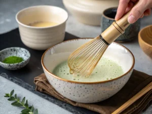 Whisking matcha and hot water in a zig-zag motion with a traditional bamboo whisk until frothy.