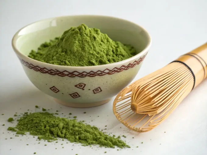 Matcha benefits highlighted in a freshly whisked green tea cup.