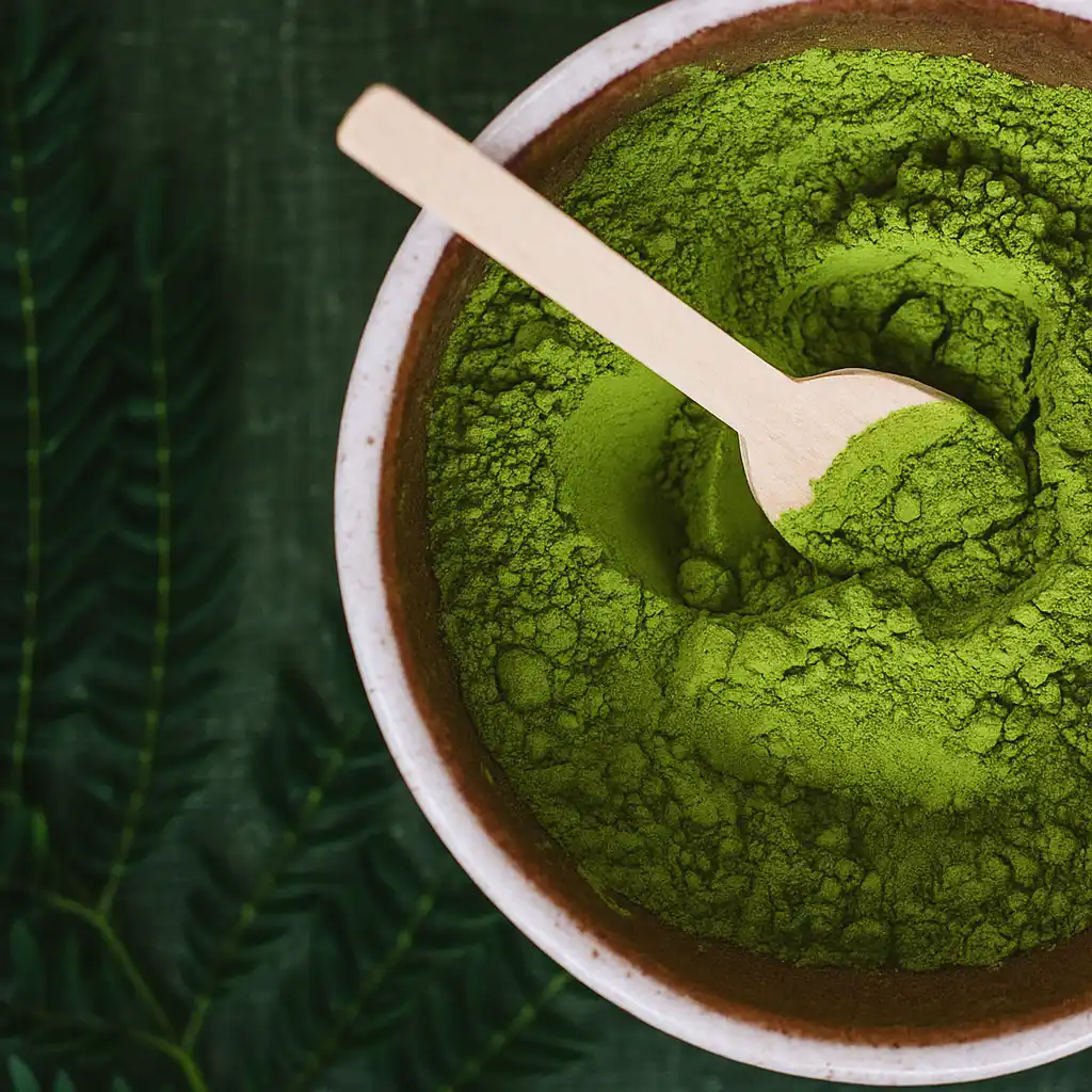 Close-up of vibrant green powder highlighting Matcha Tea Benefits for health.