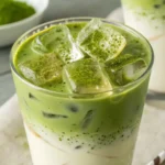 Homemade Best Iced Matcha Latte served in a clear glass with almond milk.
