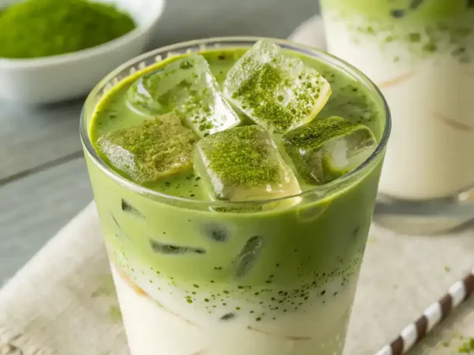 Homemade Best Iced Matcha Latte served in a clear glass with almond milk.