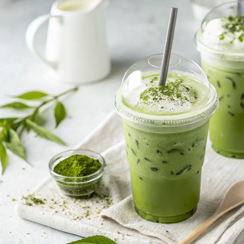 Close-up of the Best Iced Matcha Latte showing its vibrant green color and creamy texture.