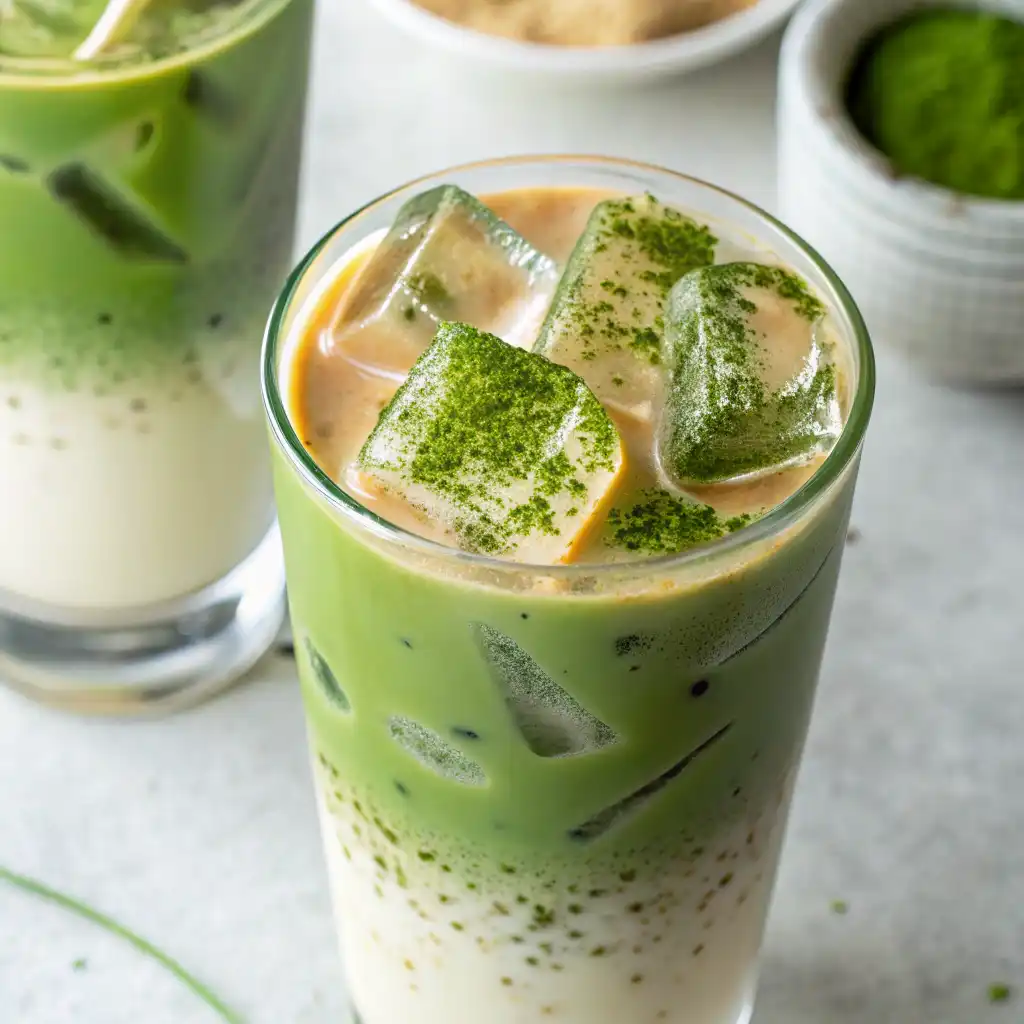 A refreshing glass of the Best Iced Matcha Latte with frothy green tea and ice cubes.