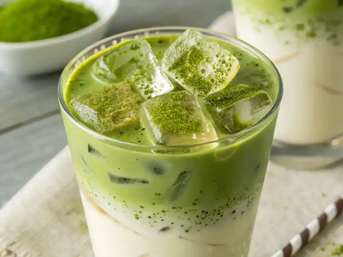 Homemade Best Iced Matcha Latte served in a clear glass with almond milk.