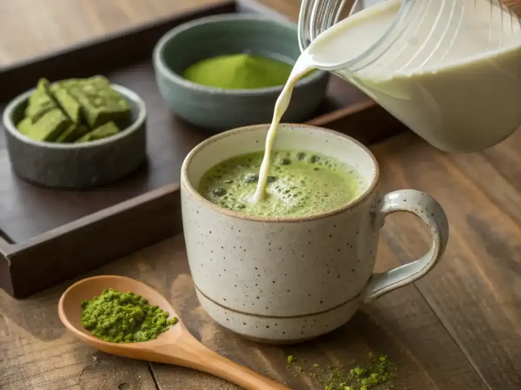 Ingredients for a matcha drink featuring green tea matcha tea powder and hot water.