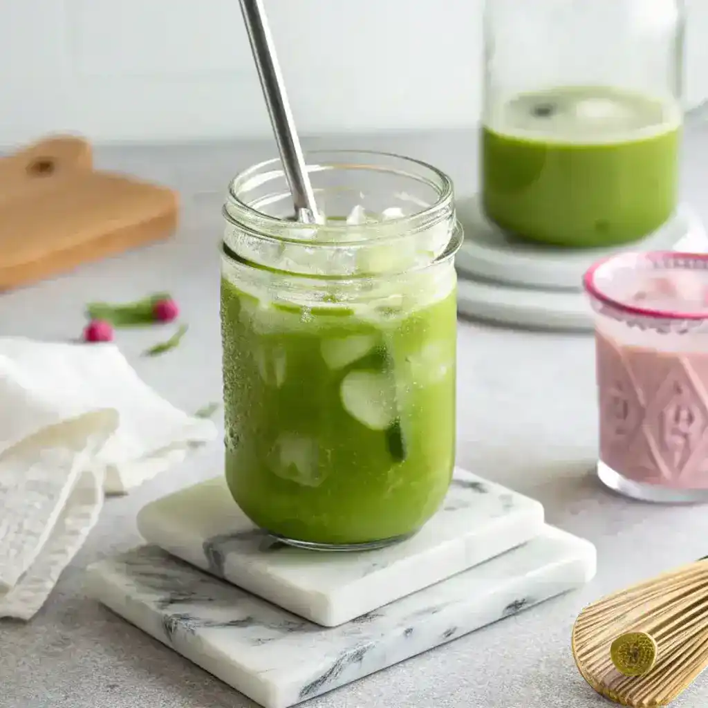 Pouring freshly whisked matcha over chilled coconut water with ice in a tall glass.