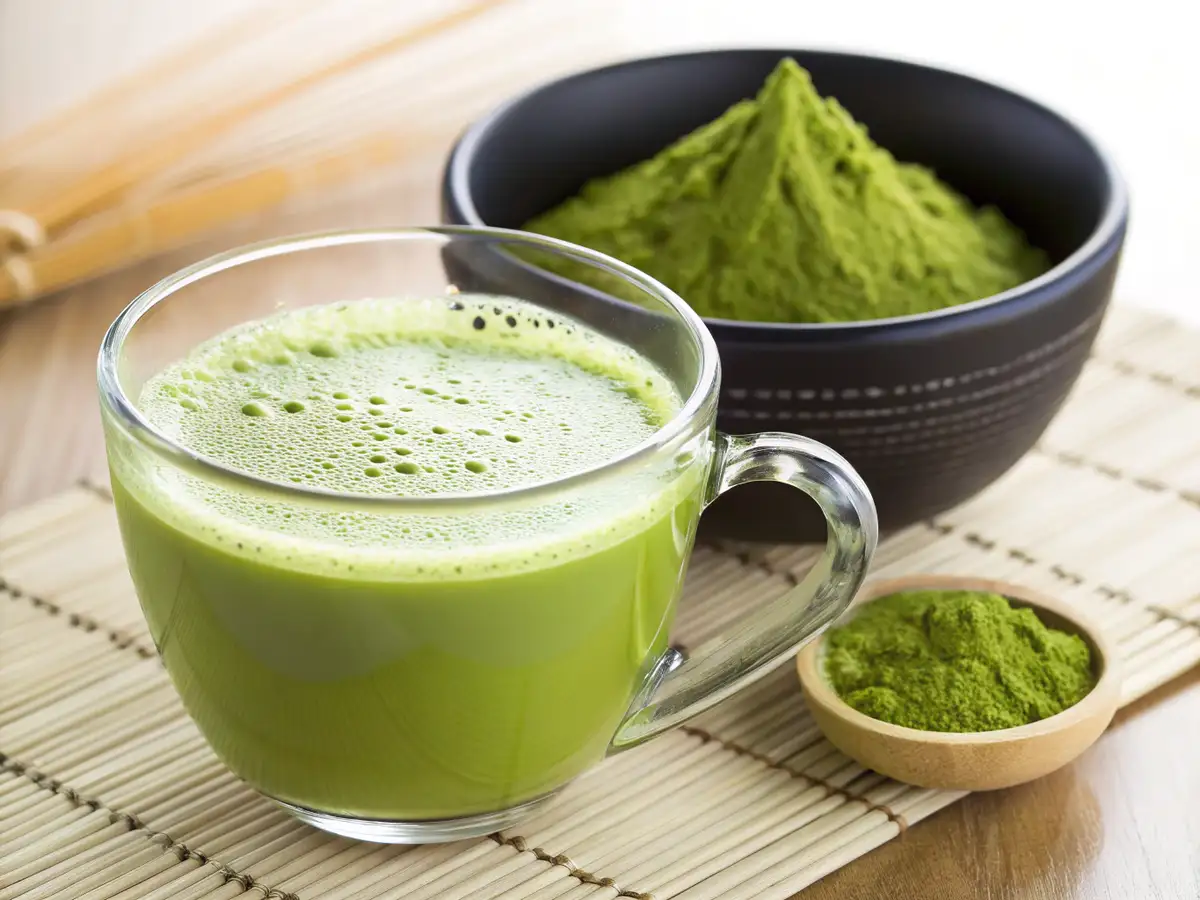 Close-up of vibrant green tea matcha tea powder in a traditional bamboo scoop.