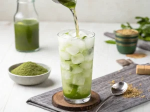 Close-up of a layered Iced Matcha Coconut Water drink showing the distinct green matcha and white coconut water separation.
