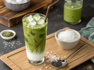 Refreshing Iced Matcha Coconut Water served in a clear glass garnished with a slice of lime.