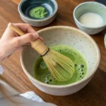 Calm tea moment illustrating how to make matcha process.