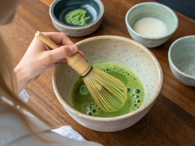Calm tea moment illustrating how to make matcha process.