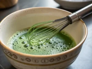 A cup of prepared matcha tea made from high-quality green tea matcha tea powder.