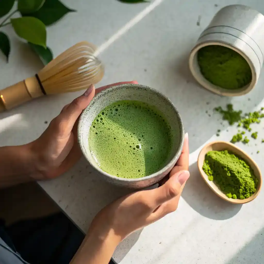 Japanese Green Tea leaves and powder showing natural antioxidants and freshness.