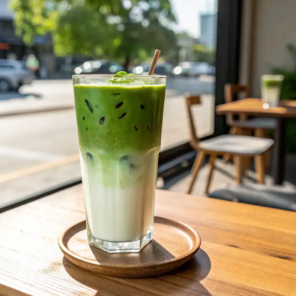 Matcha 101 iced green tea latte made with matcha powder, milk, and ice cubes for a refreshing drink.