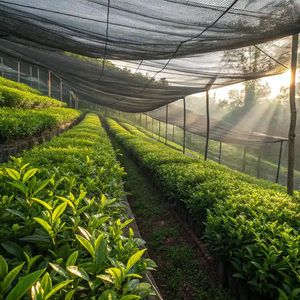 Matcha 101 tea farm in Kyoto with lush green tea plants under shade