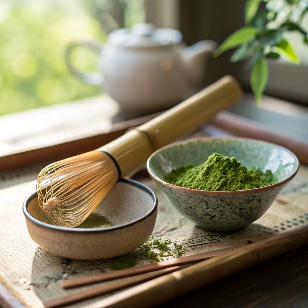 Matcha 101 traditional preparation showing a bamboo whisk and tea bowl