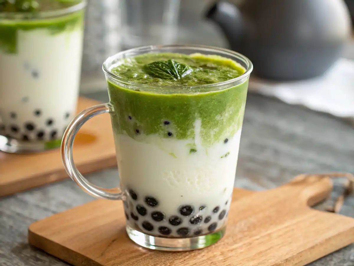 A clear glass of Matcha Boba Tea with creamy layers and black tapioca pearls