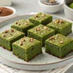 Fudgy matcha brownies freshly baked on a cooling rack