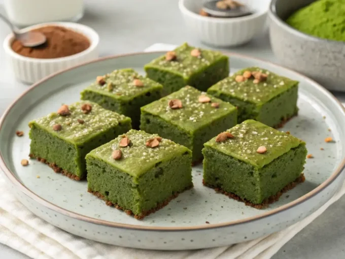 Fudgy matcha brownies freshly baked on a cooling rack