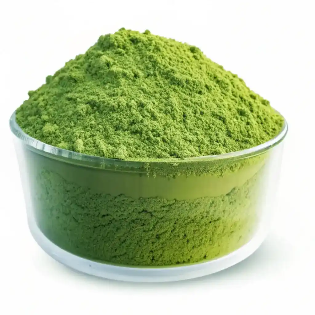Freshly whisked green tea matcha tea powder forming a frothy layer in a ceramic bowl.