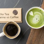 Matcha powder, tea leaves, and coffee beans displayed together to illustrate the differences in Matcha Tea Caffeine Vs Coffee.