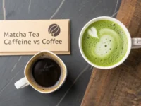 Matcha powder, tea leaves, and coffee beans displayed together to illustrate the differences in Matcha Tea Caffeine Vs Coffee.