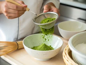 Pouring steamed milk into matcha to enjoy creamy Matcha Tea Benefits.