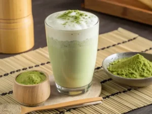 Healthy breakfast with smoothie bowl topped with green tea matcha tea powder and fresh fruits.