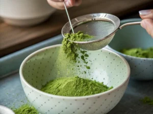 Fine green tea matcha tea powder sifted into a bowl ready for brewing.