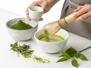 Step-by-step image showing whisking matcha powder in a bowl for Iced Matcha Coconut Water preparation.