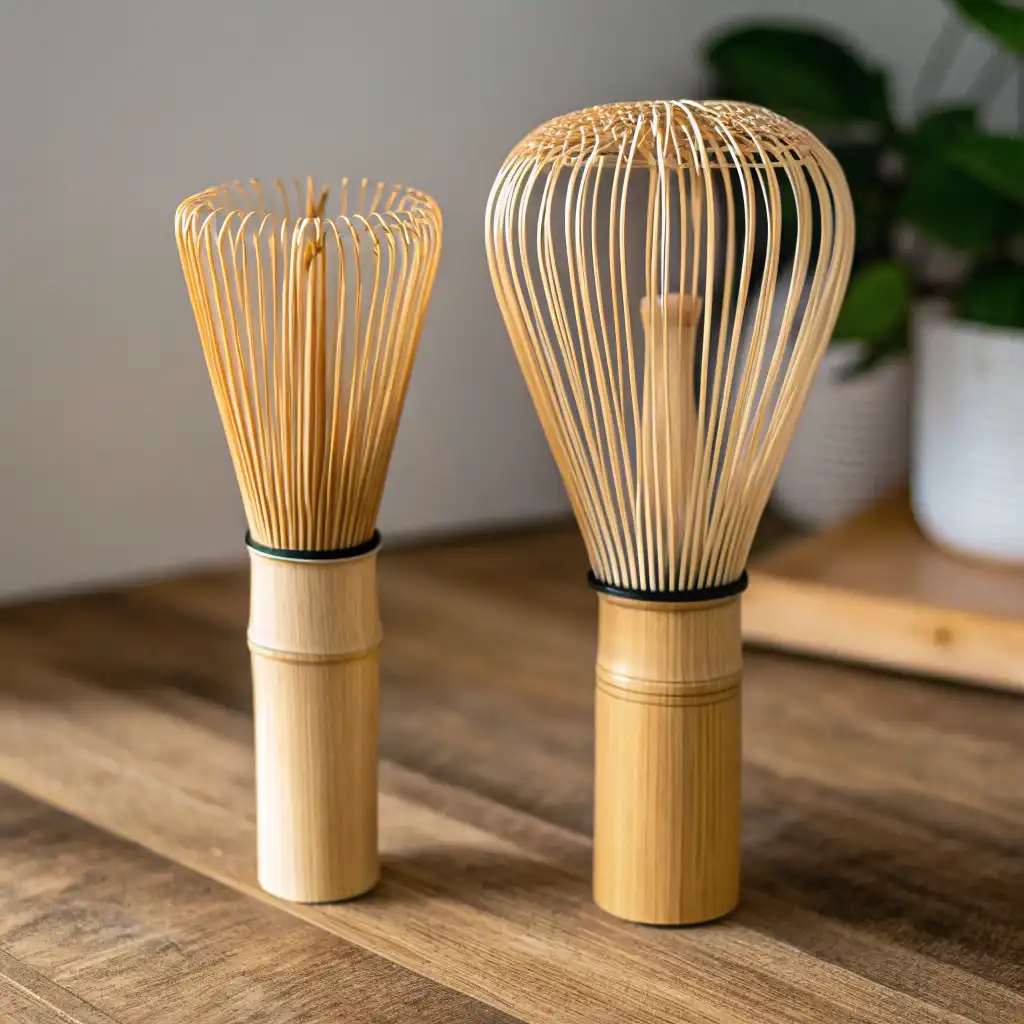 Complete Japanese matcha tea setup with matcha whisk, chawan, chashaku, and kusenaoshi stand.