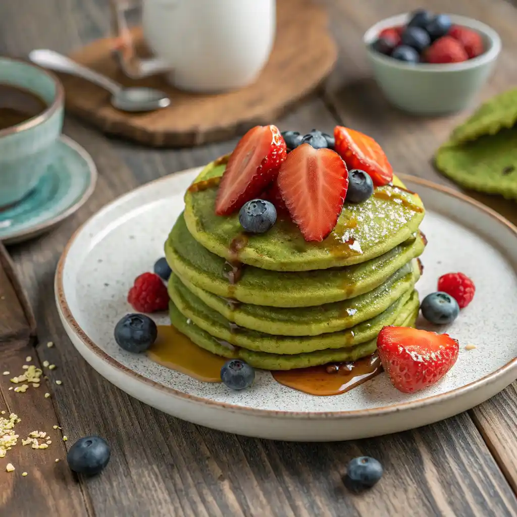 Stack of green Matcha Pancakes on a plate,