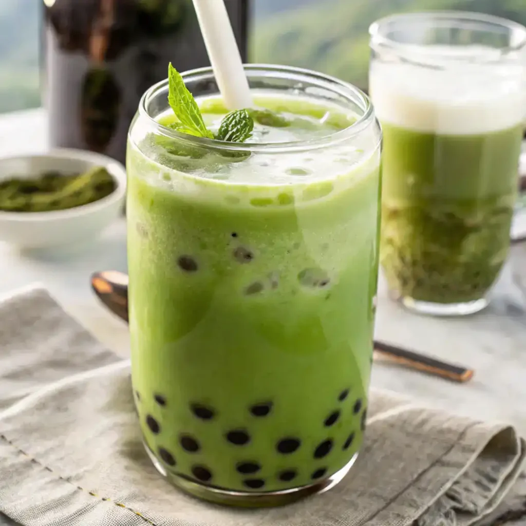 Iced matcha milk tea in a clear cup showing layered green tea and creamy milk.