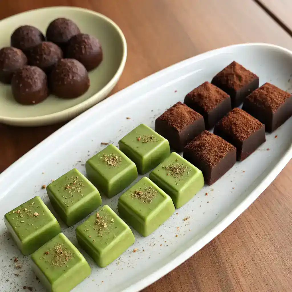 A close-up of a freshly prepared matcha chocolate recipe, cut into neat squares and dusted with matcha powder.